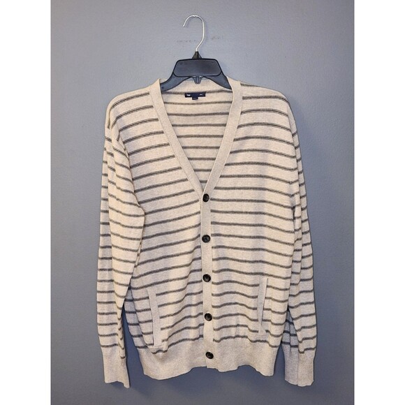Gap Cardigan Sweater Men L Tan Striped Cotton Lightweight Classic Preppy Grandpa - Picture 2 of 7